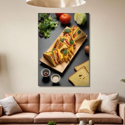 Modern Painting Club Sandwich With Chips On Wooden Cutting Board And Fresh Ingredients foo29 canvas print 