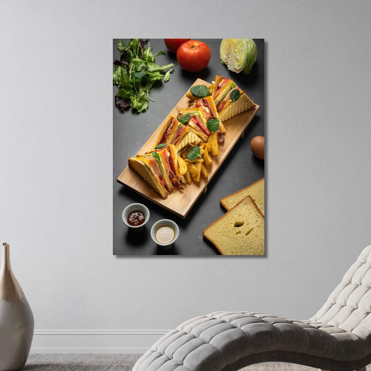 Modern Painting Club Sandwich With Chips On Wooden Cutting Board And Fresh Ingredients foo29 canvas print 