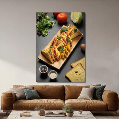 Modern Painting Club Sandwich With Chips On Wooden Cutting Board And Fresh Ingredients foo29 canvas print 
