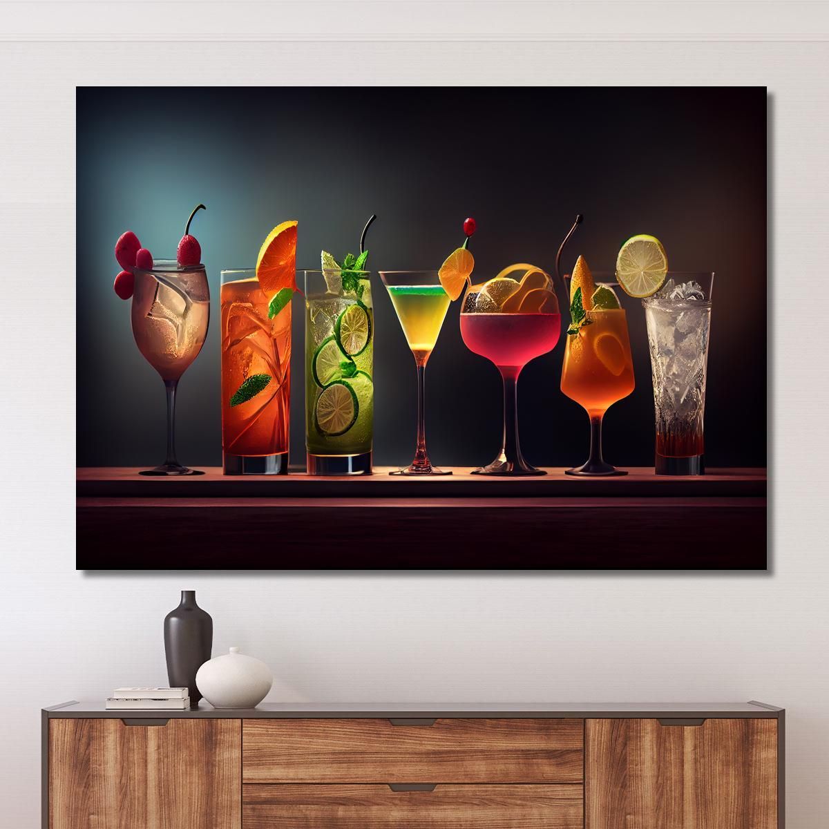 Modern Painting Colorful Cocktails In Elegant Glasses With Fruit And Ice foo30 canvas print 