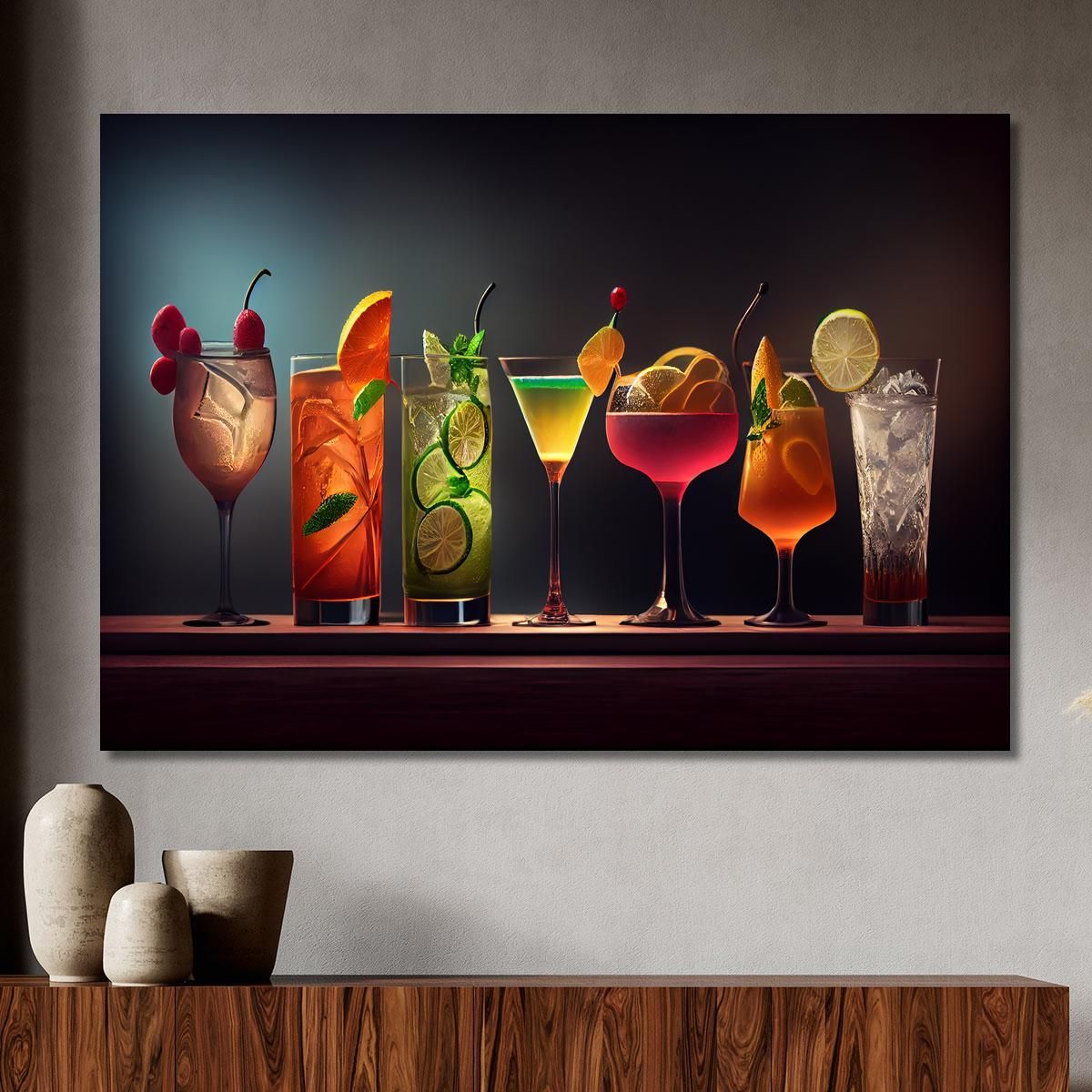 Modern Painting Colorful Cocktails In Elegant Glasses With Fruit And Ice foo30 canvas print 