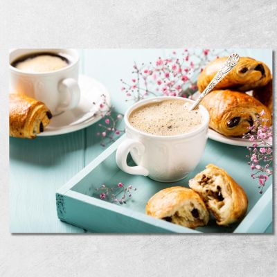 Modern Painting Elegant Breakfast With Creamy Coffee And Pain Au Chocolat On A Blue Tray foo33 canvas print 