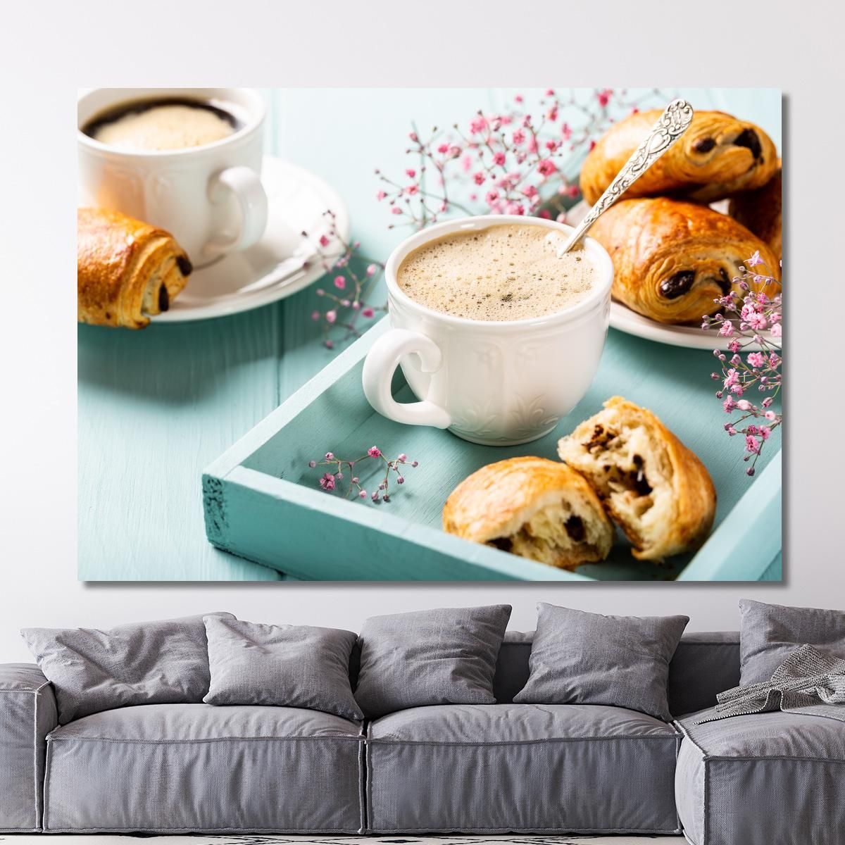 Modern Painting Elegant Breakfast With Creamy Coffee And Pain Au Chocolat On A Blue Tray foo33 canvas print 