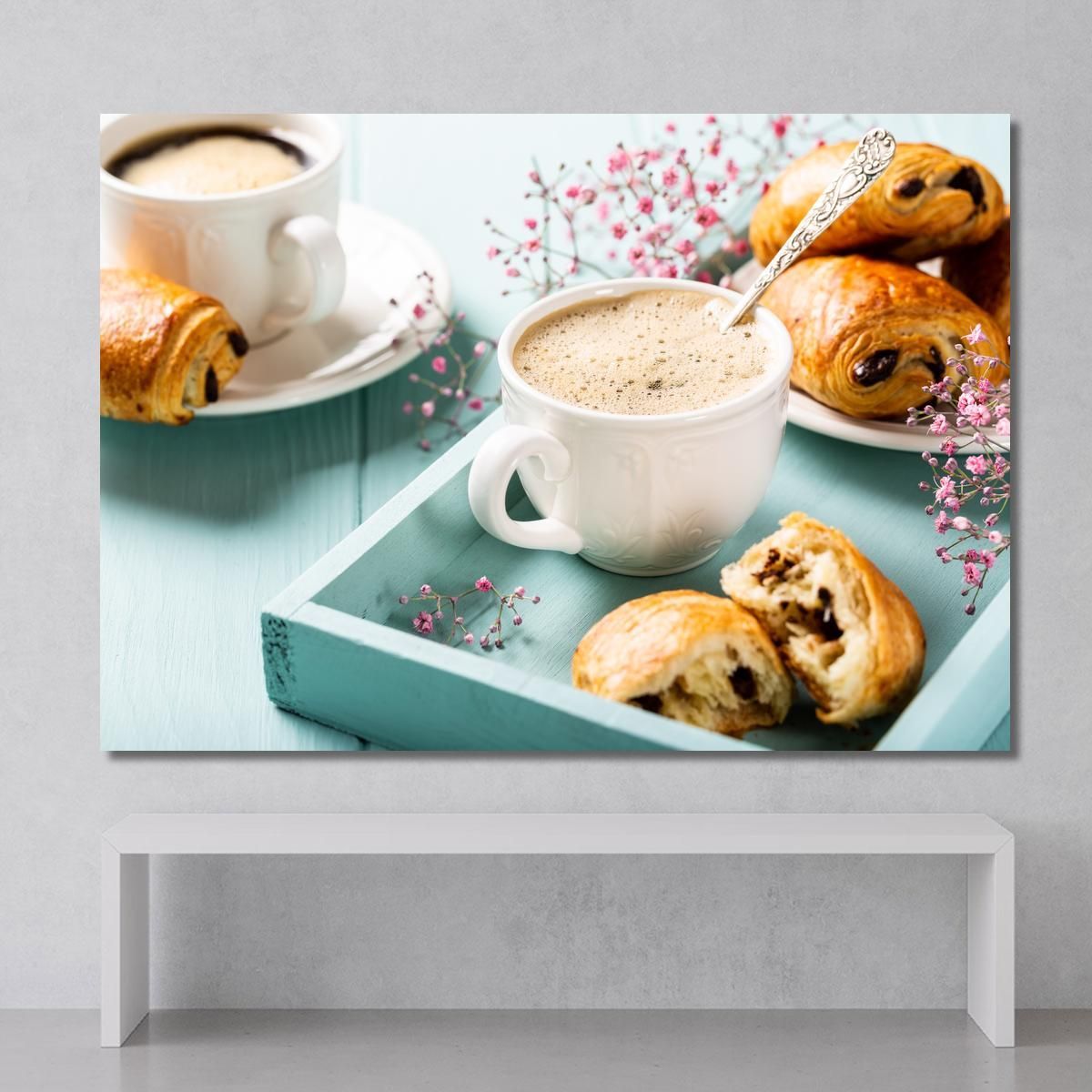 Modern Painting Elegant Breakfast With Creamy Coffee And Pain Au Chocolat On A Blue Tray foo33 canvas print 