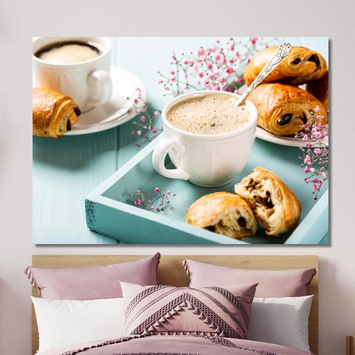 Modern Painting Elegant Breakfast With Creamy Coffee And Pain Au Chocolat On A Blue Tray foo33 canvas print 