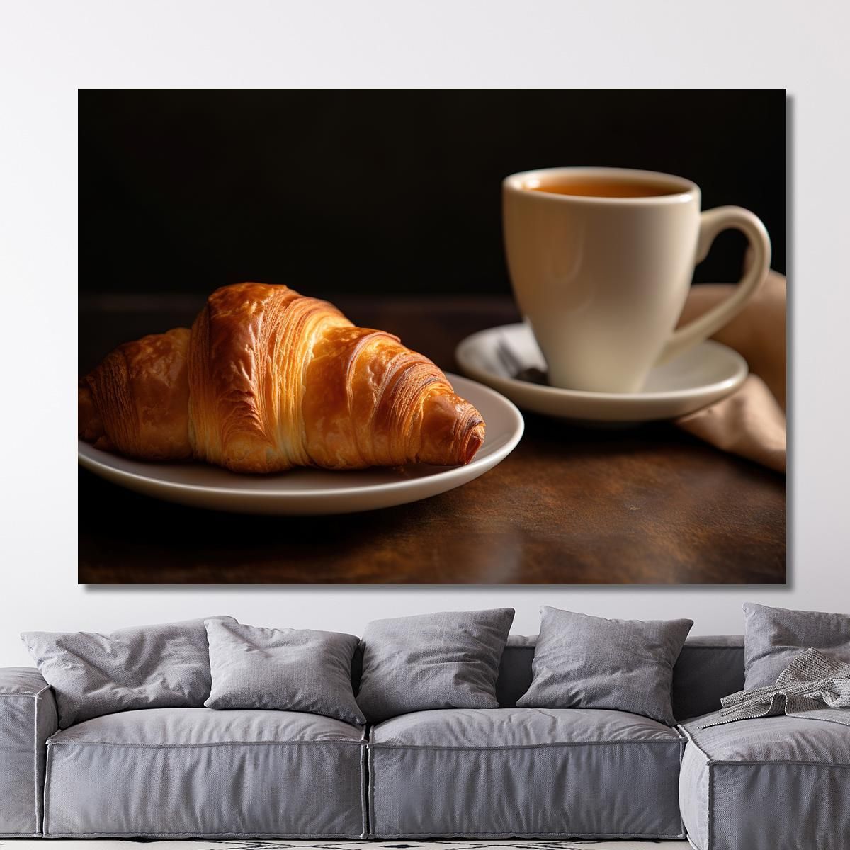 Modern Painting Golden Croissant With Coffee On White Plate foo42 canvas print 