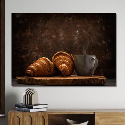 Modern Painting Puff Pastry Croissants With Steaming Cup Of Coffee foo45 canvas print 