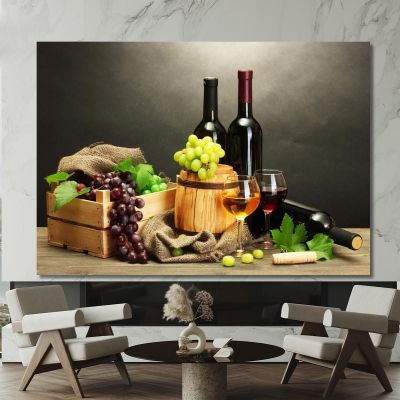 Modern Painting Wine Tasting With Grapes And Bottles On Elegant Background foo50 canvas print 