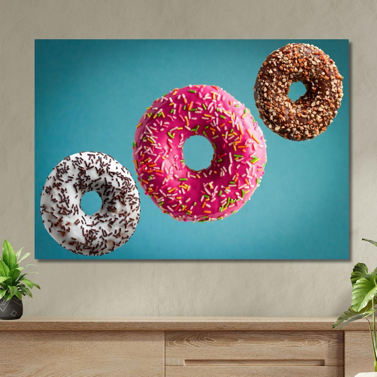 Modern Painting Donuts Colored With Icing And Sprinkles In Suspension foo52 canvas print 