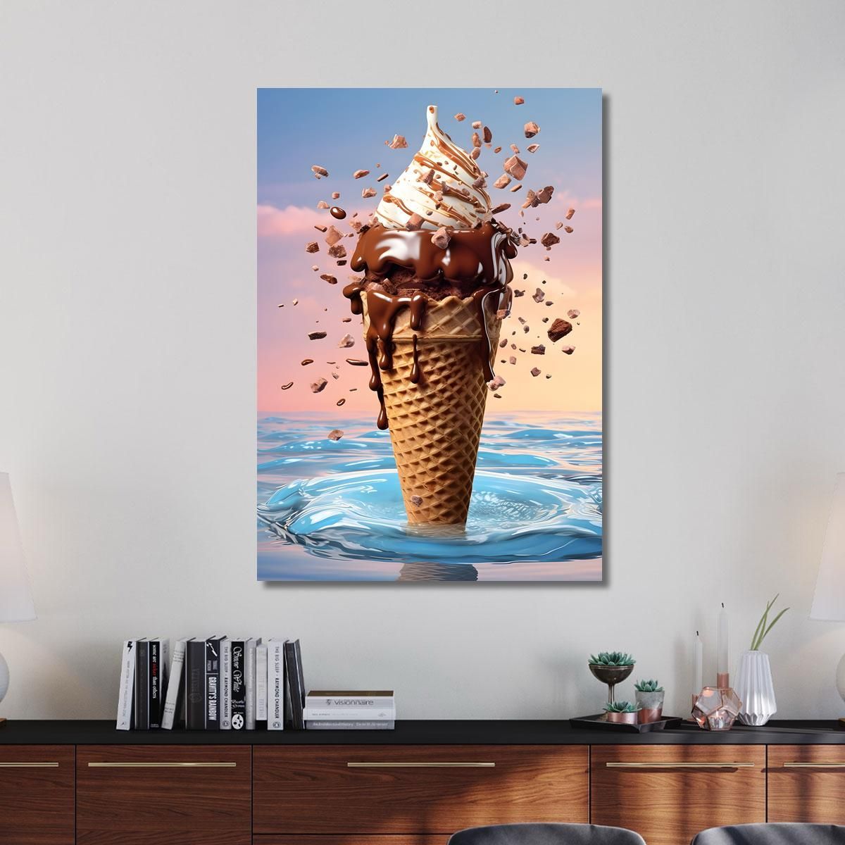 Modern Painting Chocolate Ice Cream With Crunchy Topping And Caramel On Artistic Background foo56 canvas print 