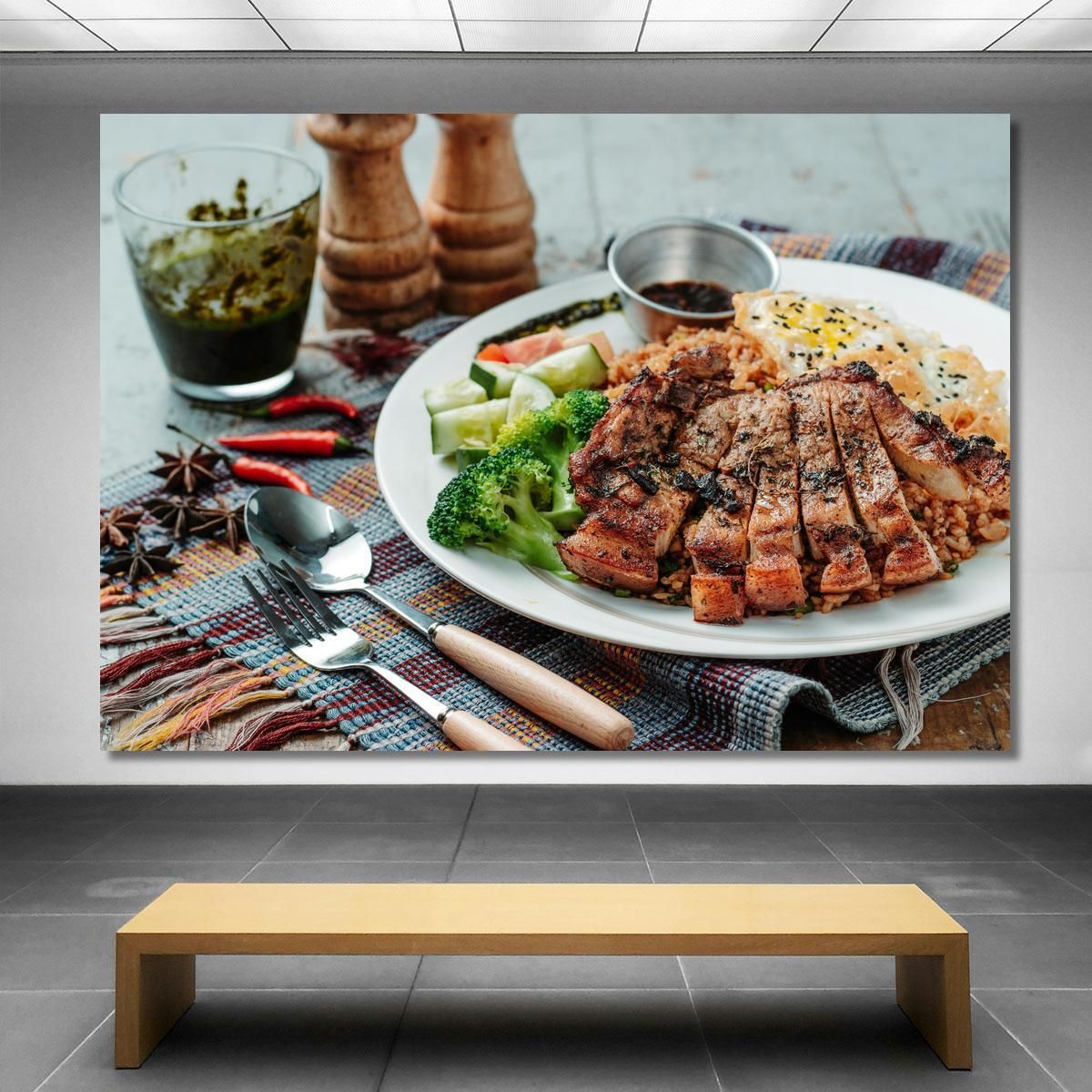 Modern Painting Grilled Meat With Rice Vegetables And Fried Egg foo60 canvas print 