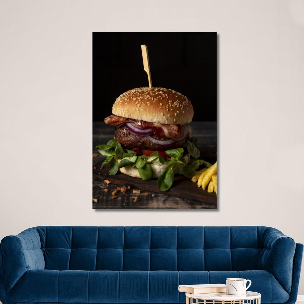 Modern Painting Gourmet Hamburger With Bacon Onion And Salad On Dark Background foo64 canvas print 