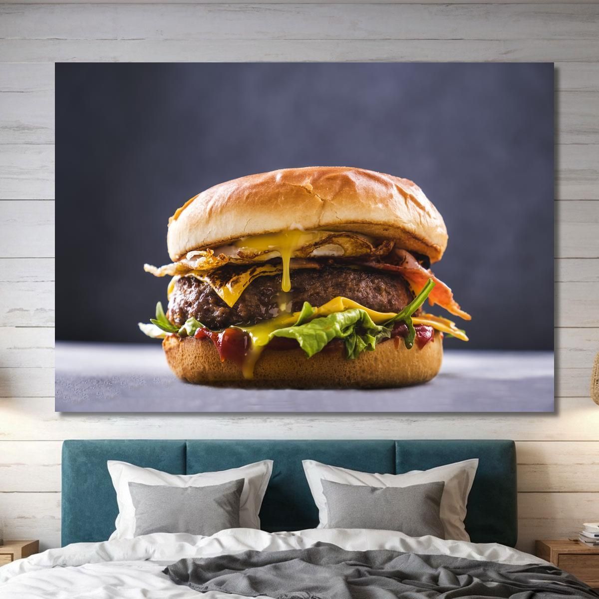 Modern Painting Gourmet Hamburger With Fried Egg Crispy Bacon And Melted Cheese foo67 canvas print 