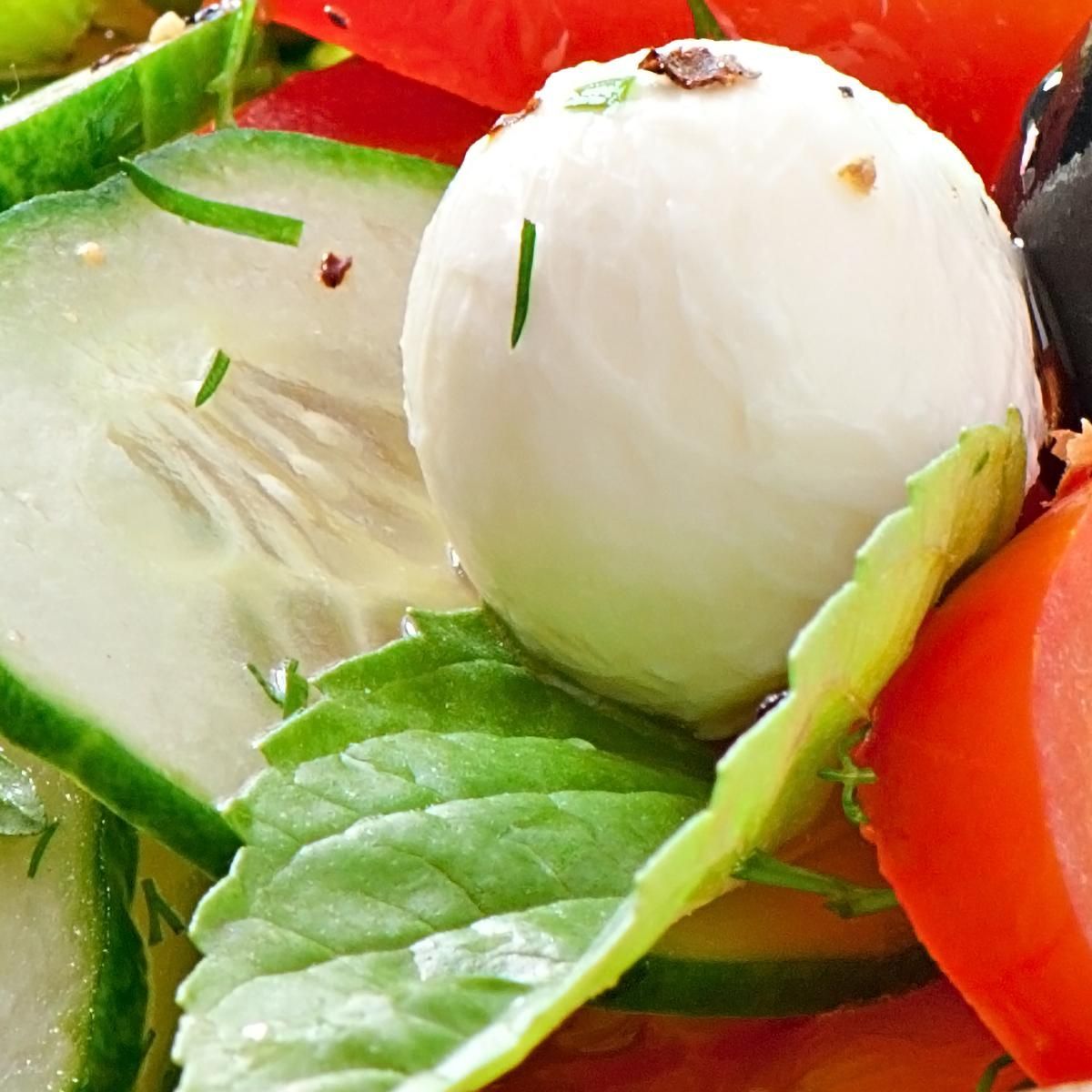 Modern Painting Mediterranean Salad With Mozzarella Olives Tomatoes And Basil foo73 canvas print