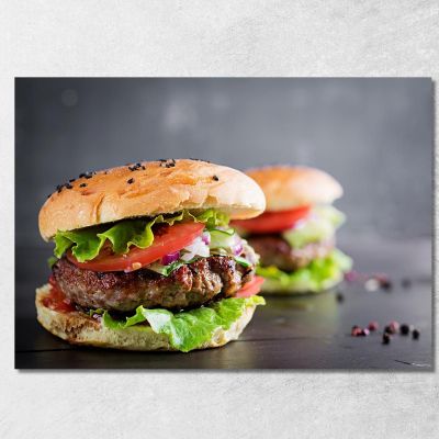 Modern Painting Gourmet Sandwich With Grilled Meat And Fresh Vegetables foo89 canvas print 