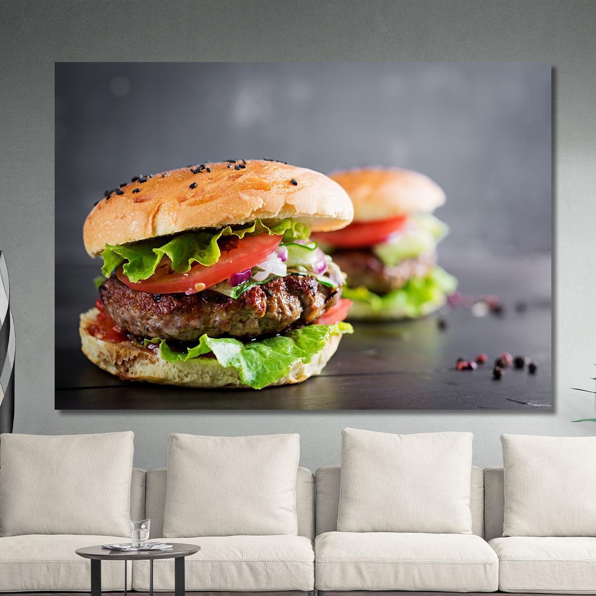 Modern Painting Gourmet Sandwich With Grilled Meat And Fresh Vegetables foo89 canvas print 