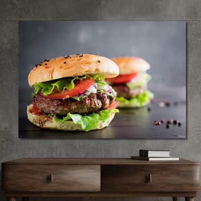 Modern Painting Gourmet Sandwich With Grilled Meat And Fresh Vegetables foo89 canvas print 