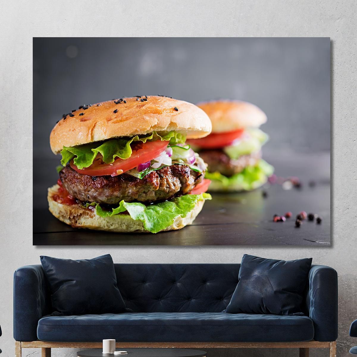Modern Painting Gourmet Sandwich With Grilled Meat And Fresh Vegetables foo89 canvas print 