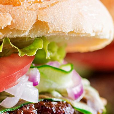 Modern Painting Gourmet Sandwich With Grilled Meat And Fresh Vegetables foo89 canvas print