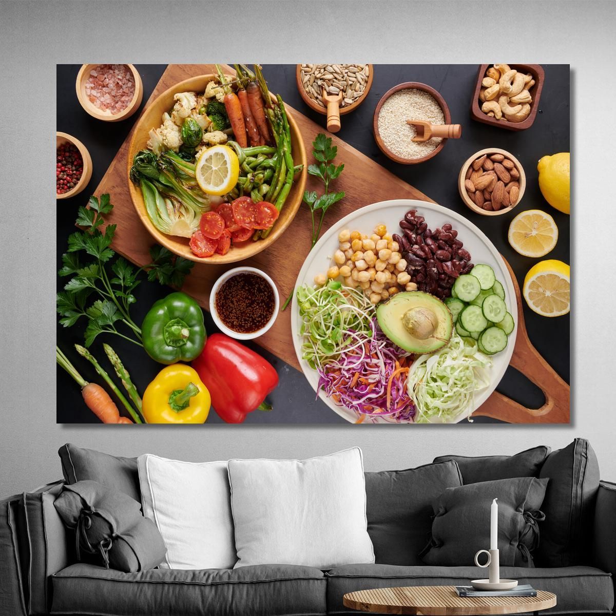 Modern Painting Vegetarian Dish With Fresh Vegetables Legumes And Dried Fruit foo92 canvas print 