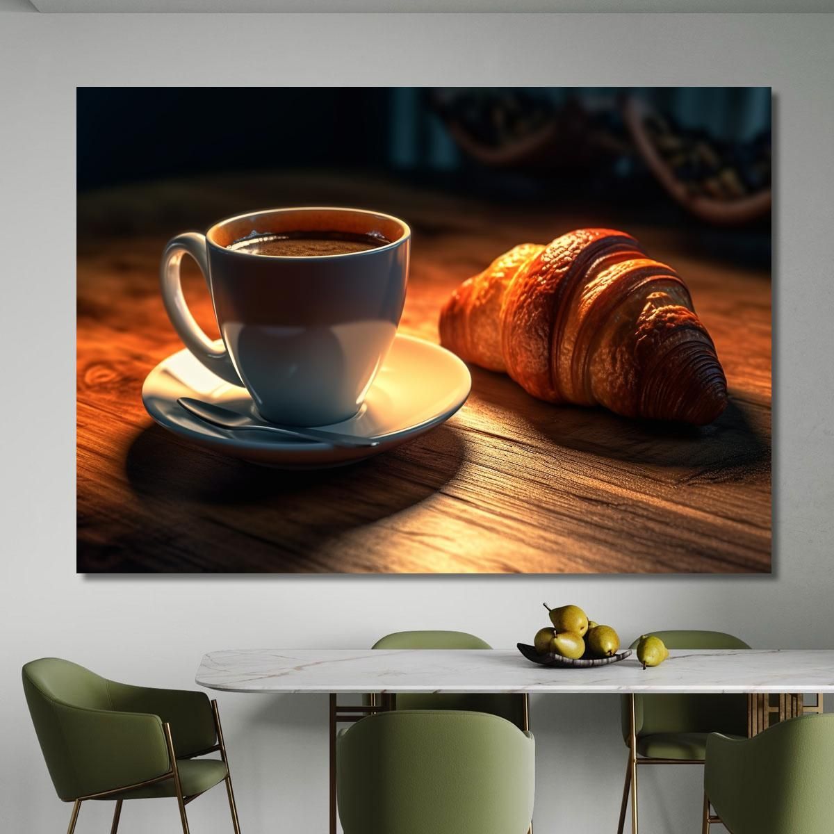 Modern Painting Cup Of Hot Coffee With Croissant On Wooden Table foo111 canvas print 