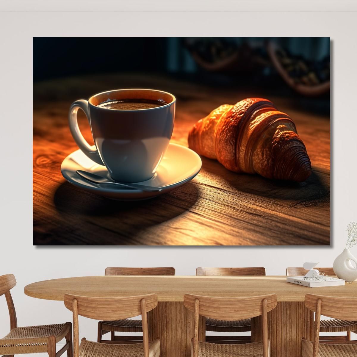 Modern Painting Cup Of Hot Coffee With Croissant On Wooden Table foo111 canvas print 