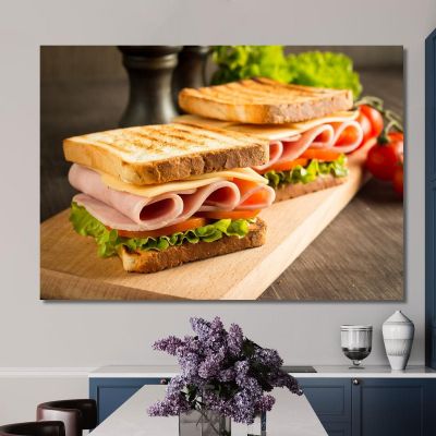 Modern Painting Toast With Ham Cheese And Lettuce On Wooden Cutting Board foo116 canvas print 