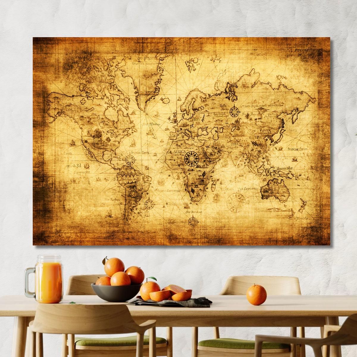 Painting Ancient World Map Pirate Style With Aged Effect And Nautical Compass map19 canvas print 