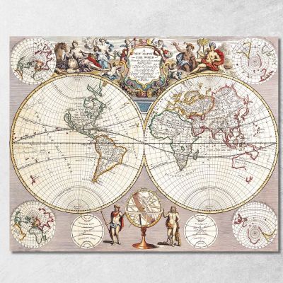 Painting Ancient World Map With Spherical Projection And Baroque Ornaments map22 canvas print 