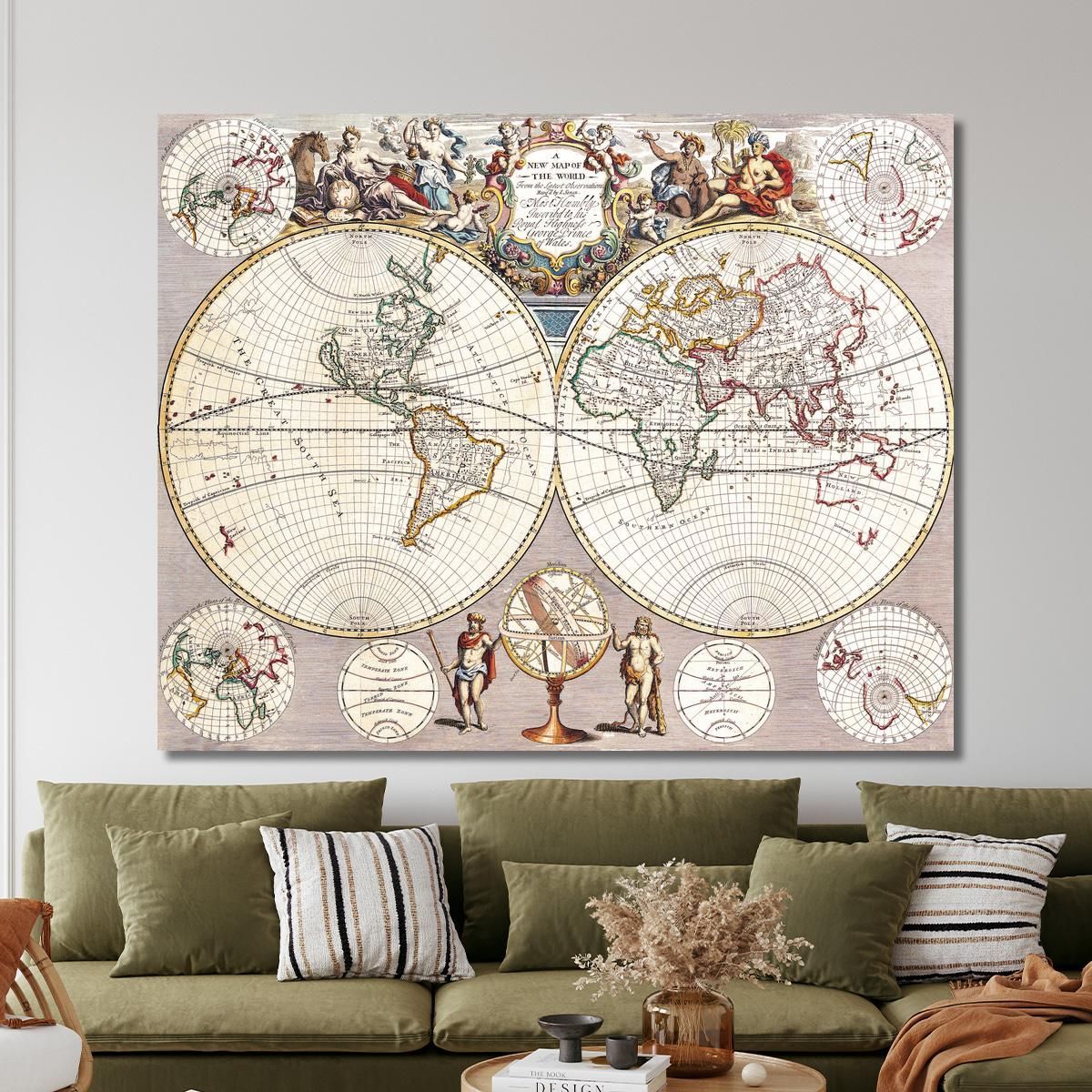 Painting Ancient World Map With Spherical Projection And Baroque Ornaments map22 canvas print 
