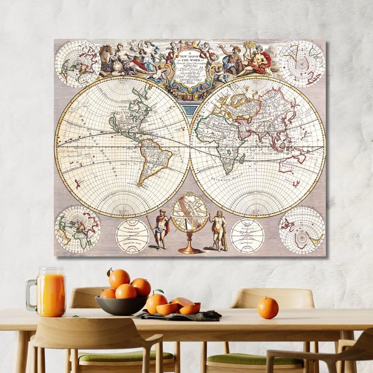 Painting Ancient World Map With Spherical Projection And Baroque Ornaments map22 canvas print 