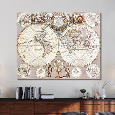 Painting Ancient World Map With Spherical Projection And Baroque Ornaments map22 canvas print 