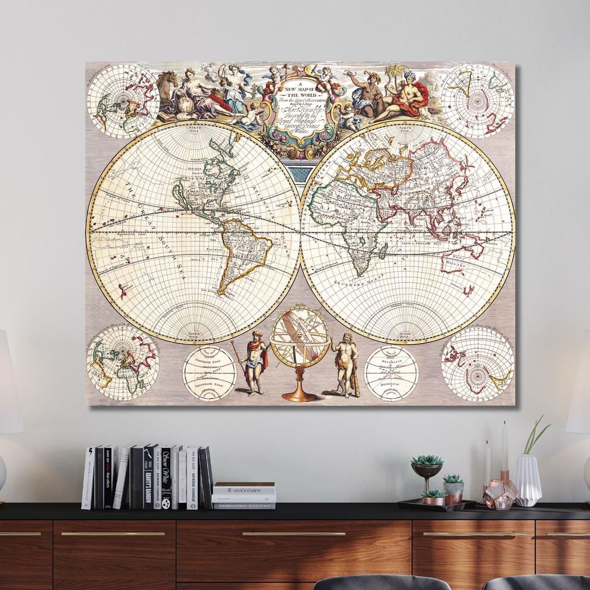 Painting Ancient World Map With Spherical Projection And Baroque Ornaments map22 canvas print 