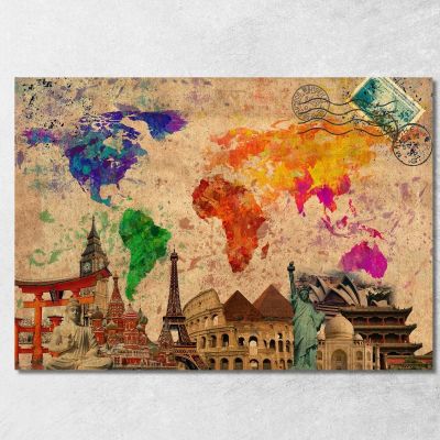 Painting Artistic World Map With Iconic Monuments And Vintage Travel Stamps map24 canvas print 