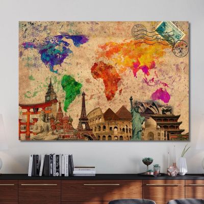 Painting Artistic World Map With Iconic Monuments And Vintage Travel Stamps map24 canvas print 