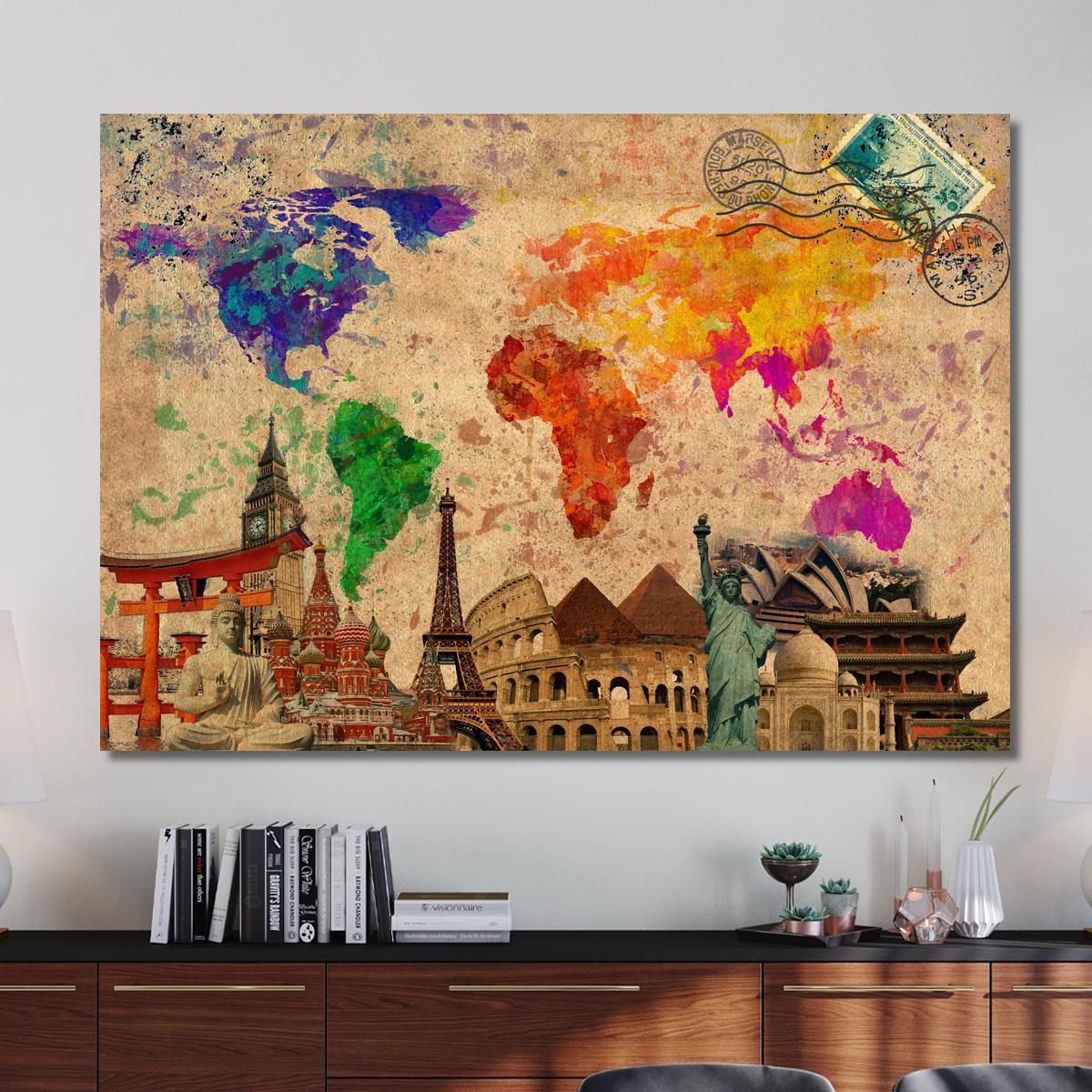 Painting Artistic World Map With Iconic Monuments And Vintage Travel Stamps map24 canvas print 