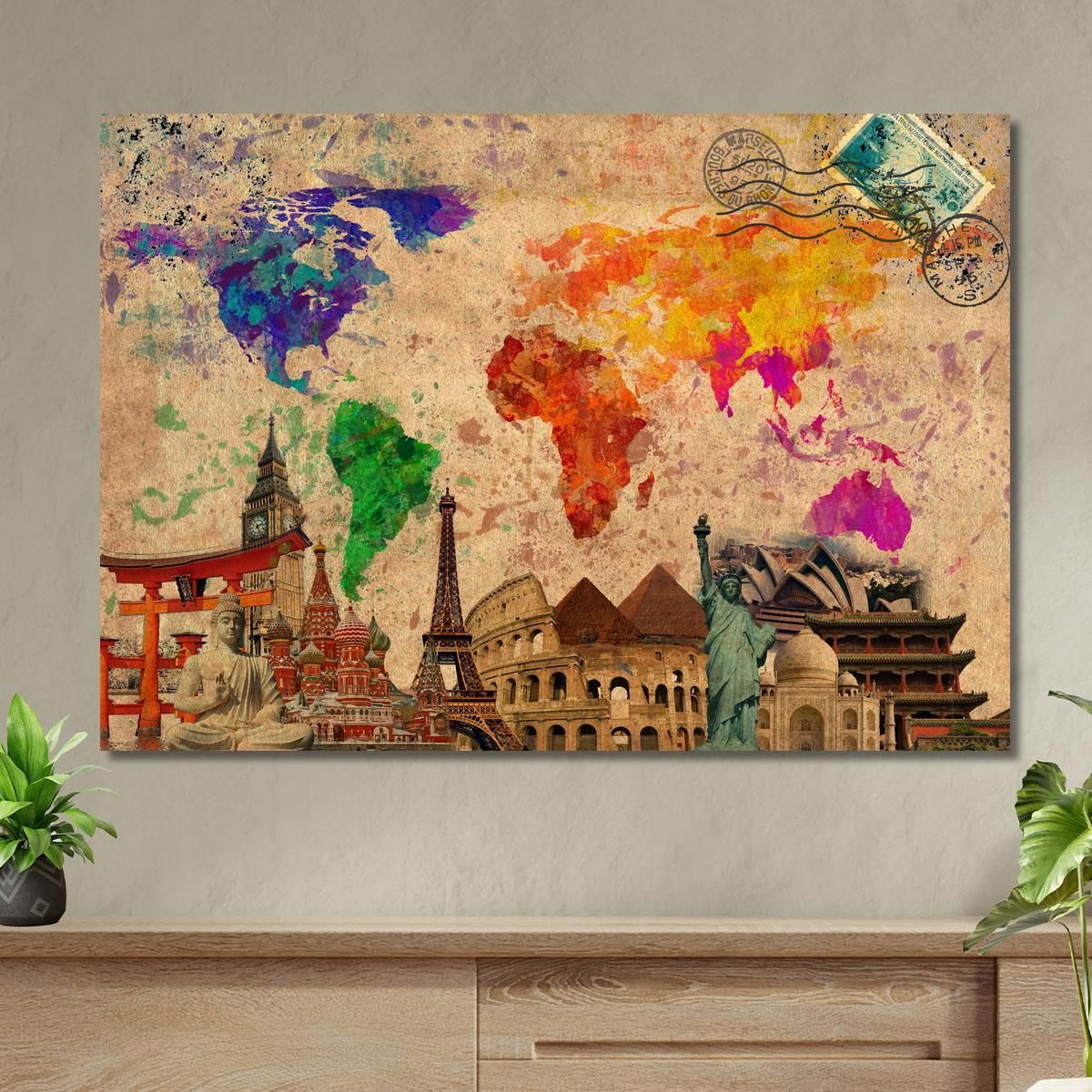 Painting Artistic World Map With Iconic Monuments And Vintage Travel Stamps map24 canvas print 