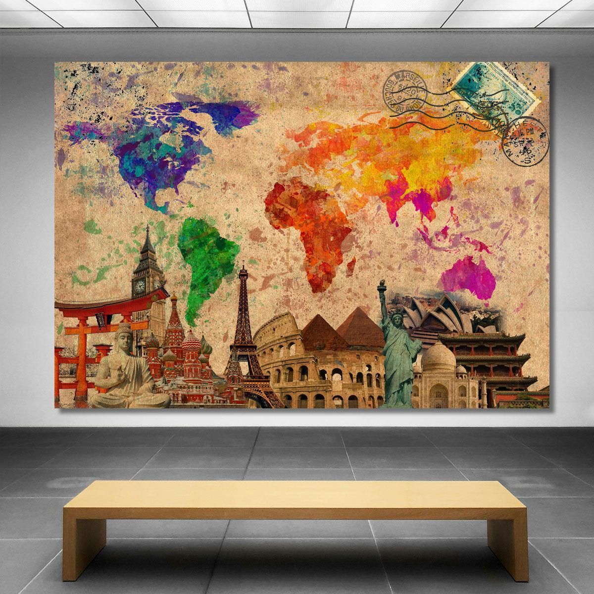 Painting Artistic World Map With Iconic Monuments And Vintage Travel Stamps map24 canvas print 