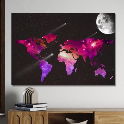 Painting Space World Map With Galaxies Stars And Moon On Black Background map35 canvas print 