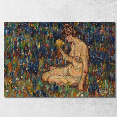 Female Nude With Yellow Flower Bouquet - Girl In The Meadow Christian Rohlfs cro29 canvas print 