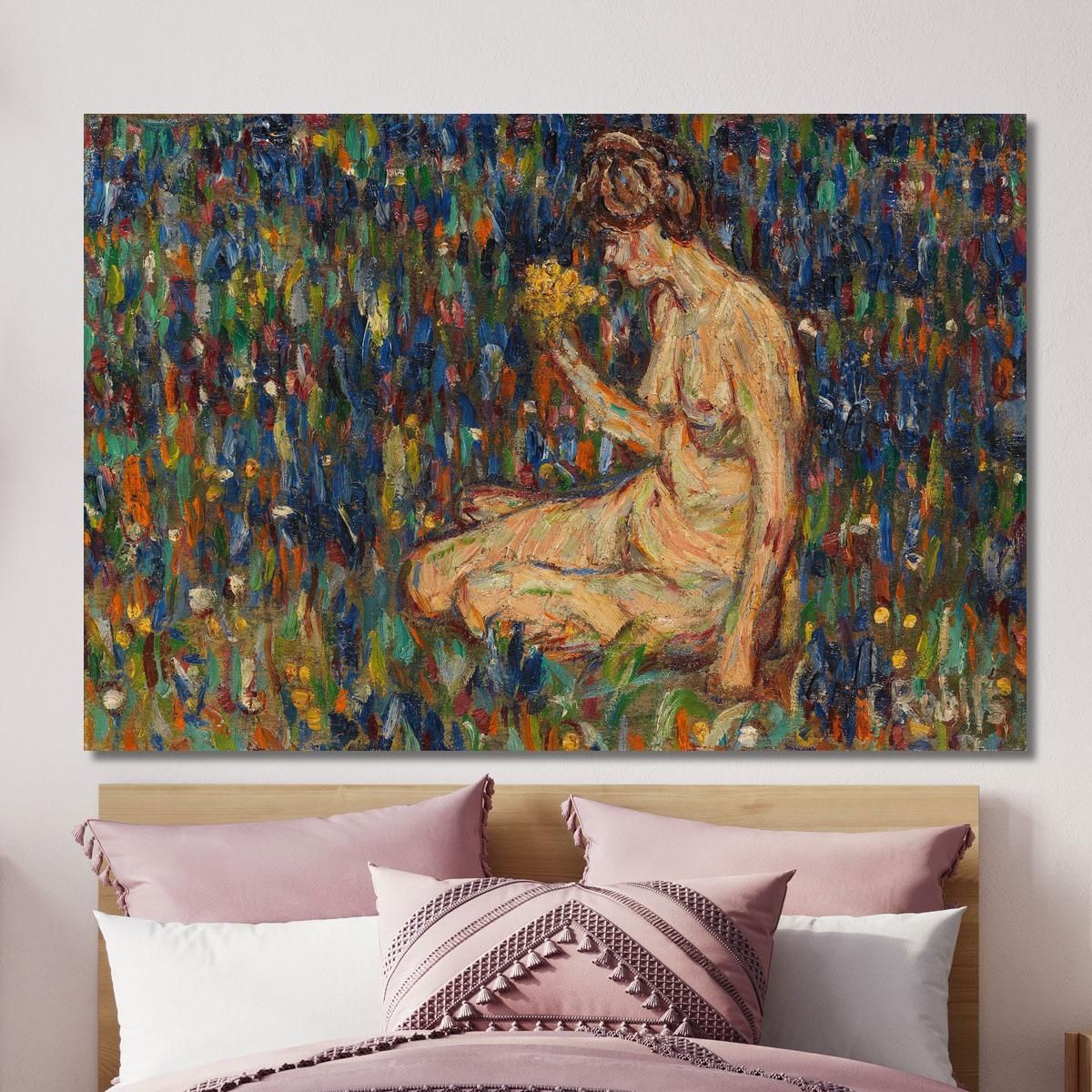 Female Nude With Yellow Flower Bouquet - Girl In The Meadow Christian Rohlfs cro29 canvas print 