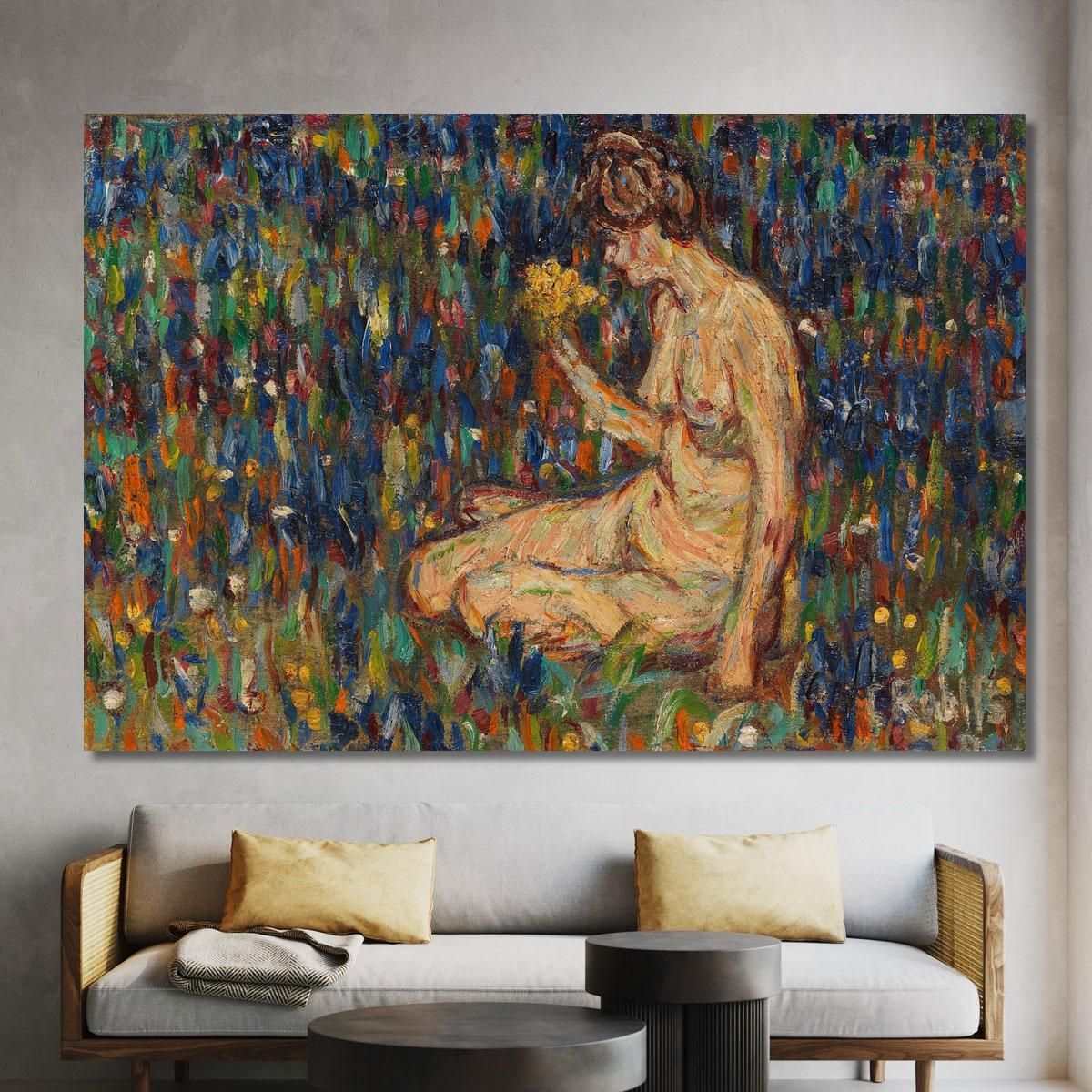 Female Nude With Yellow Flower Bouquet - Girl In The Meadow Christian Rohlfs cro29 canvas print 