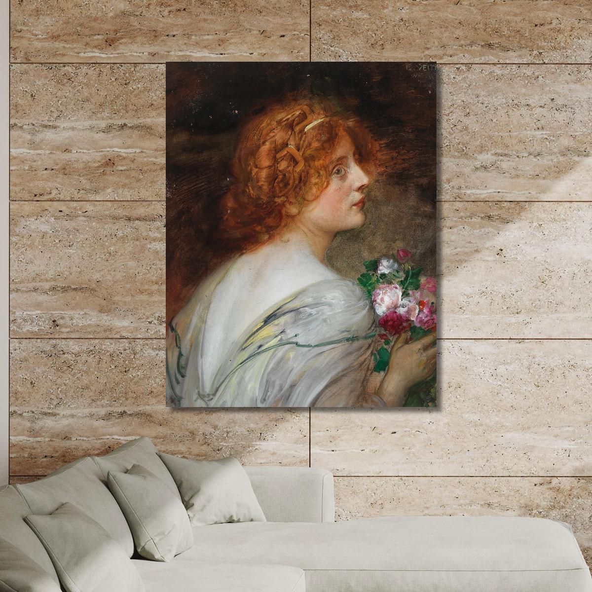 Back View Of A Young Woman In Profile With A Bouquet Of Roses In Her Hands Eduard Veith evt3 canvas print 