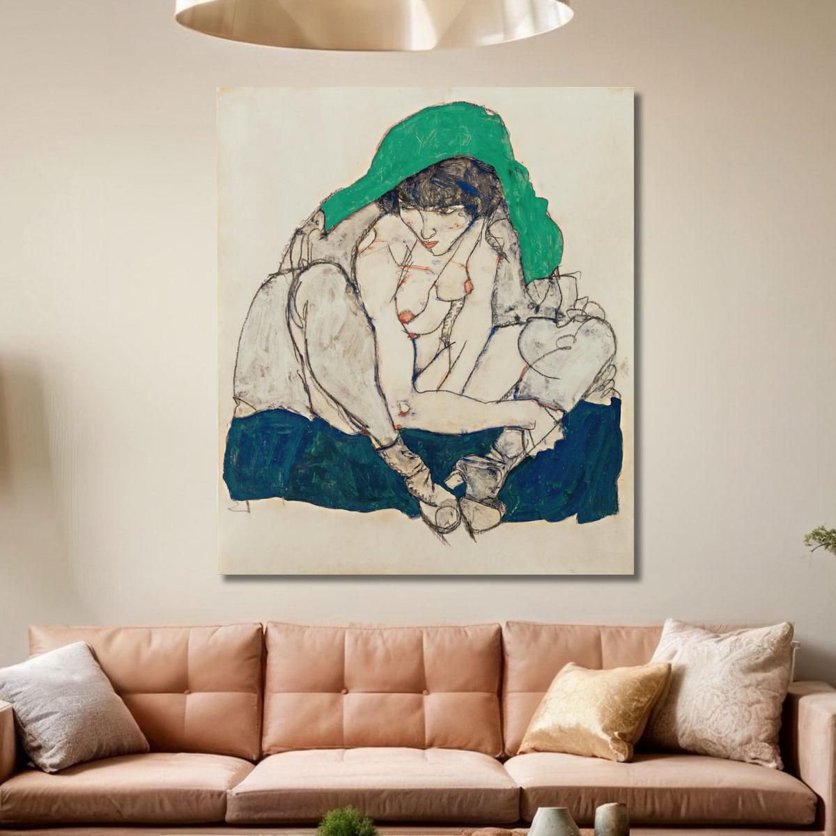 Crouching Woman With Green Headscarf Egon Schiele esh34 canvas print 