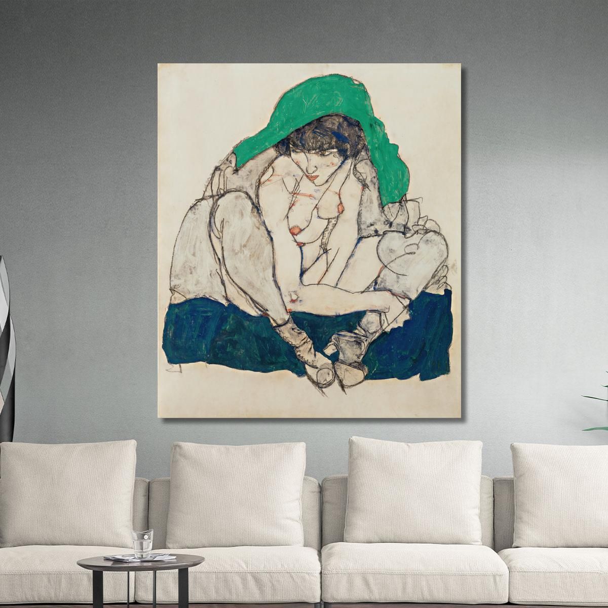 Crouching Woman With Green Headscarf Egon Schiele esh34 canvas print 