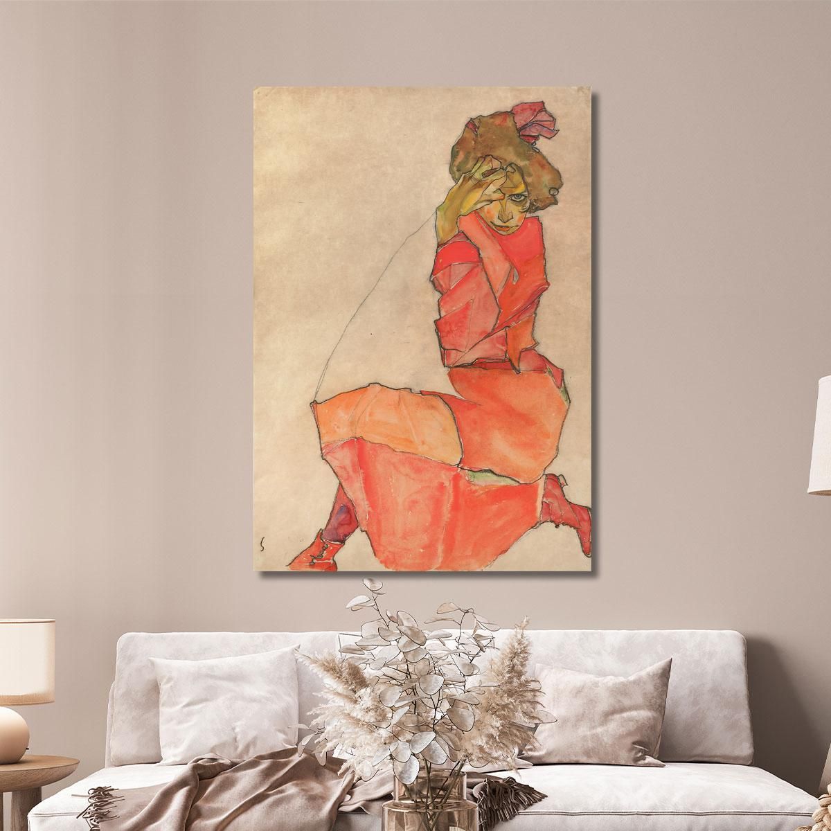 Kneeling Female In Orange-Red Dress Egon Schiele esh76 canvas print 