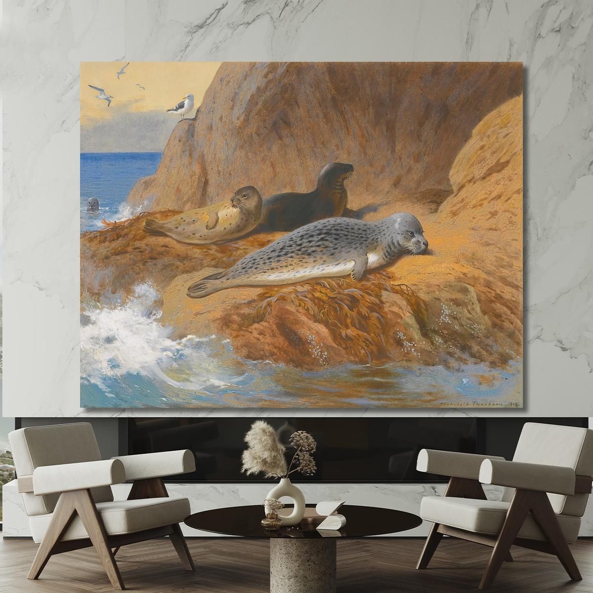Grey And Harbour Seals At Rest Archibald Thorburn ath51 canvas print 
