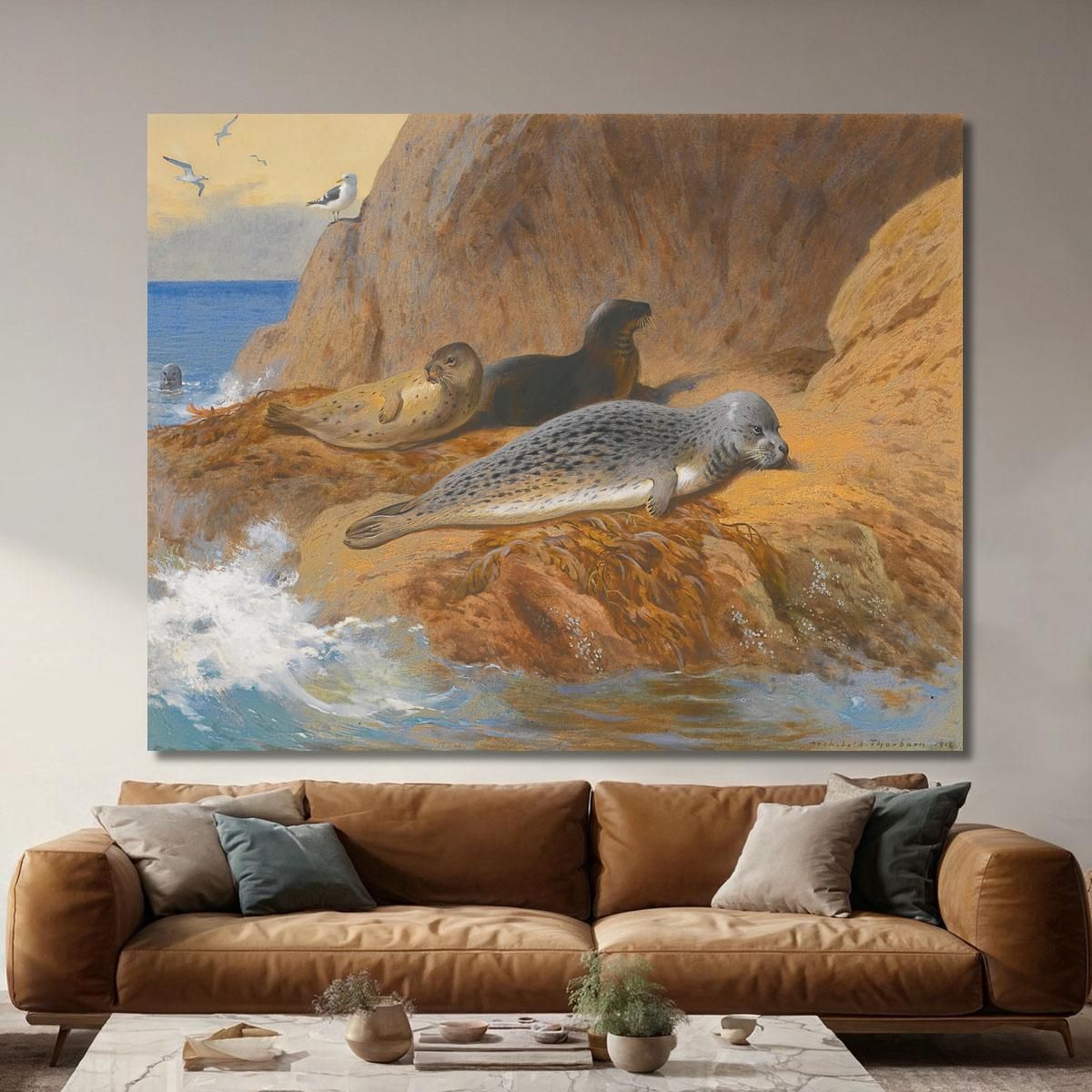 Grey And Harbour Seals At Rest Archibald Thorburn ath51 canvas print 