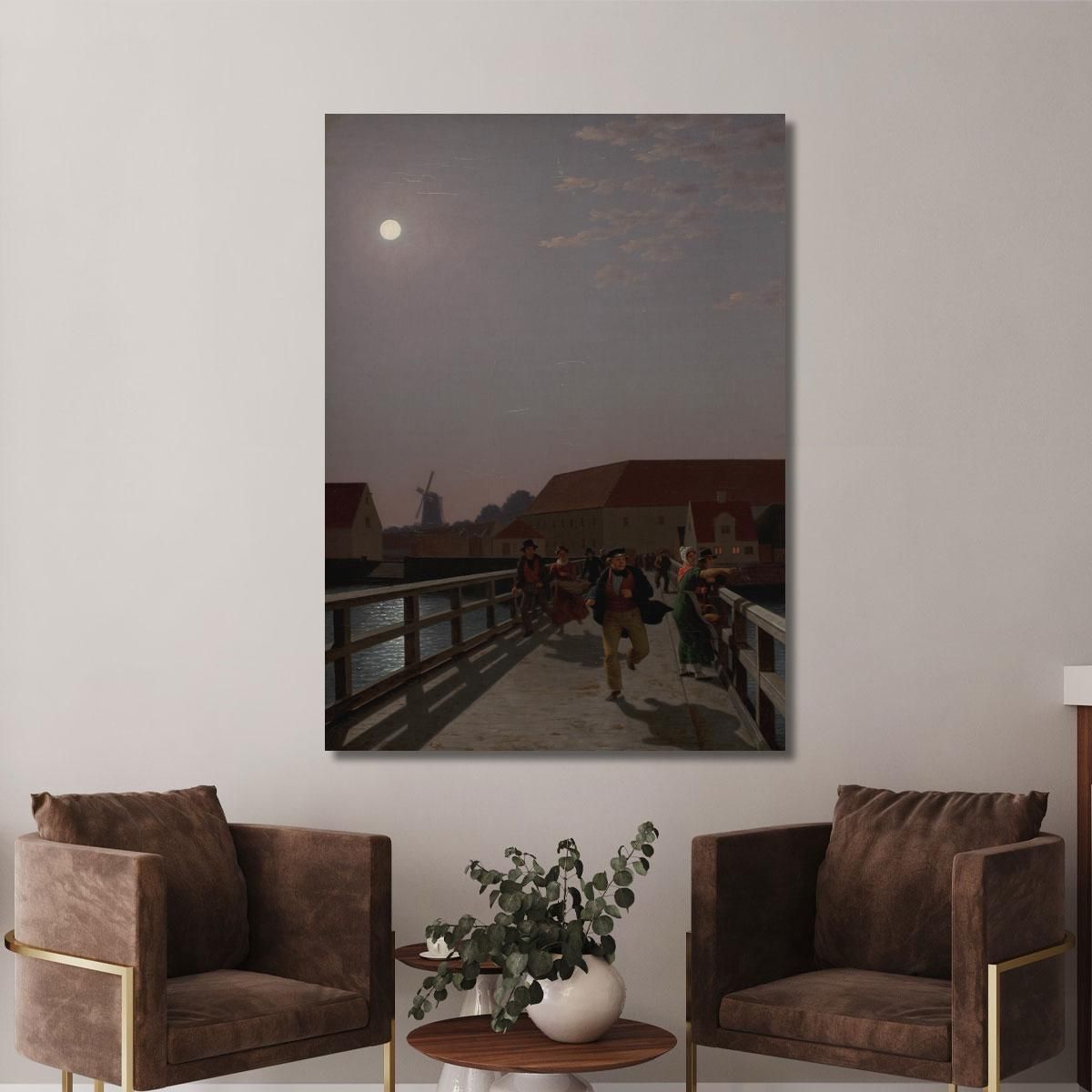 Langebro Copenhagen In The Moonlight With Running Figures Christoffer Wilhelm Eckersberg cwe34 canvas print 