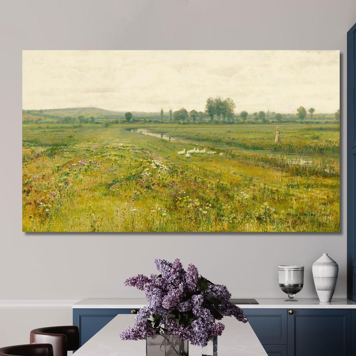 An Extensive Meadow Landscape With Geese By A Stream John Atkinson Grimshaw jag18 canvas print 